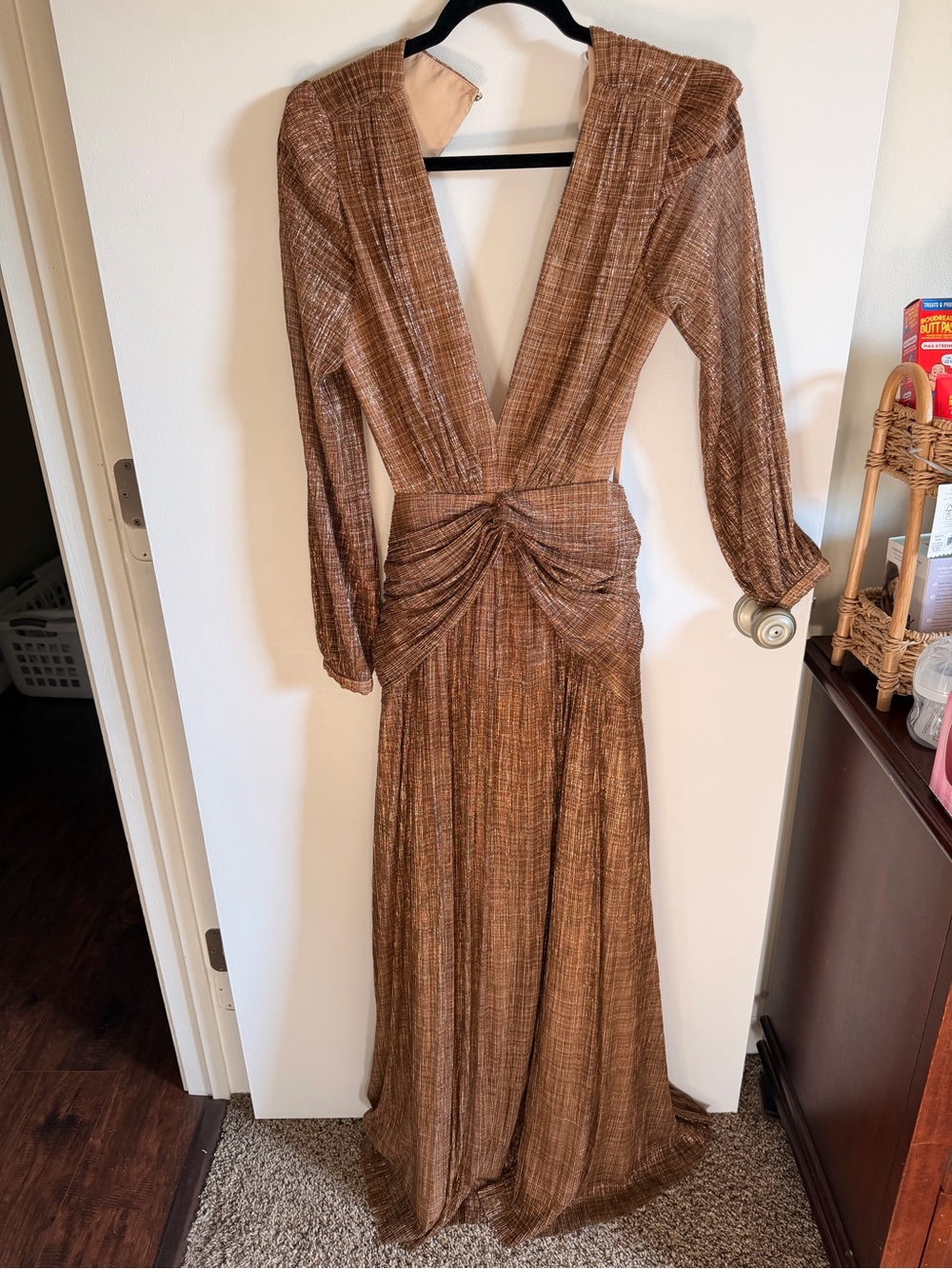 Gianni Bini Metallic Brown Long-Sleeve Plunge Gown